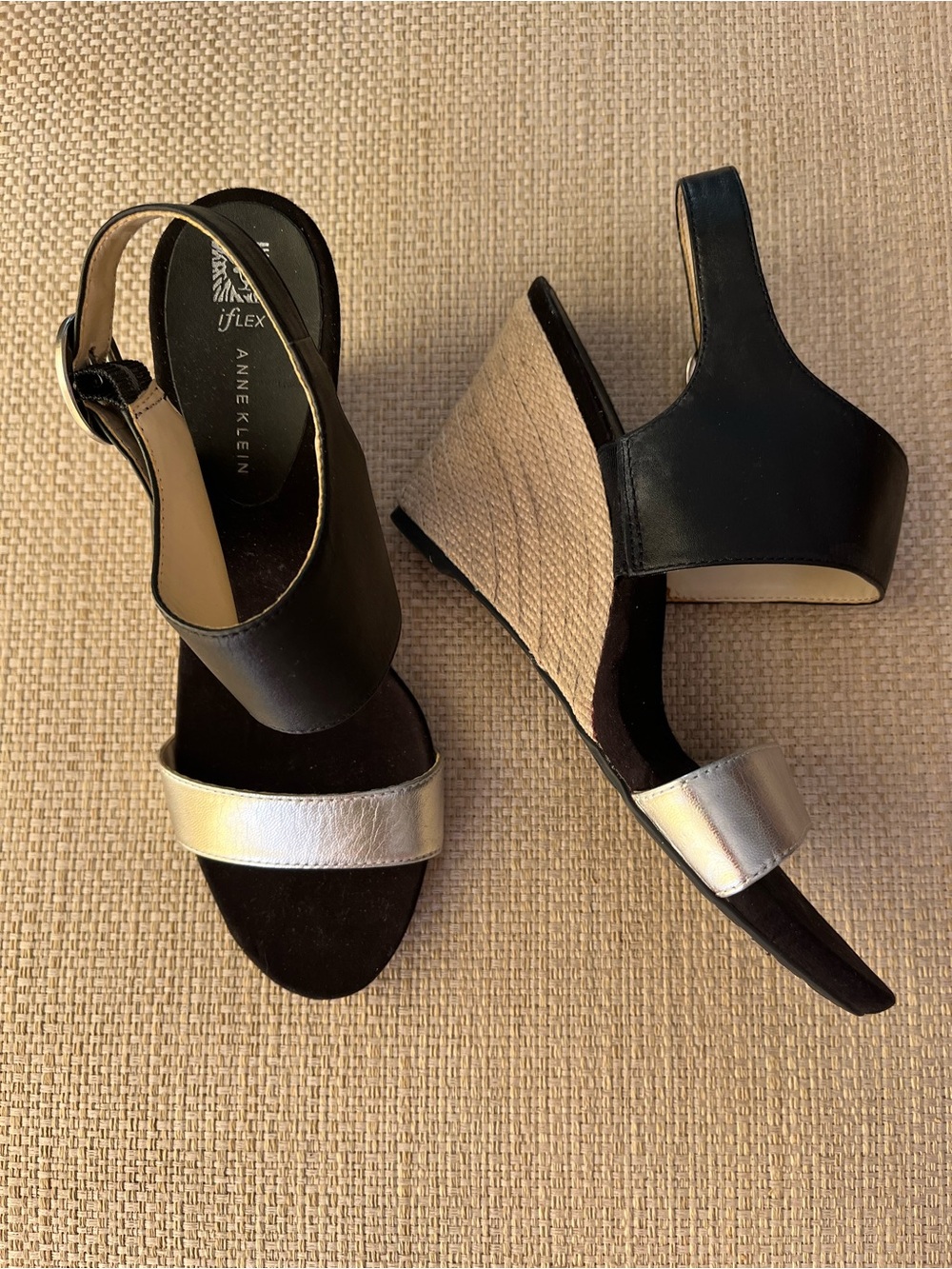 Anne Klein Black and Metallic Silver Espadrille Wedges